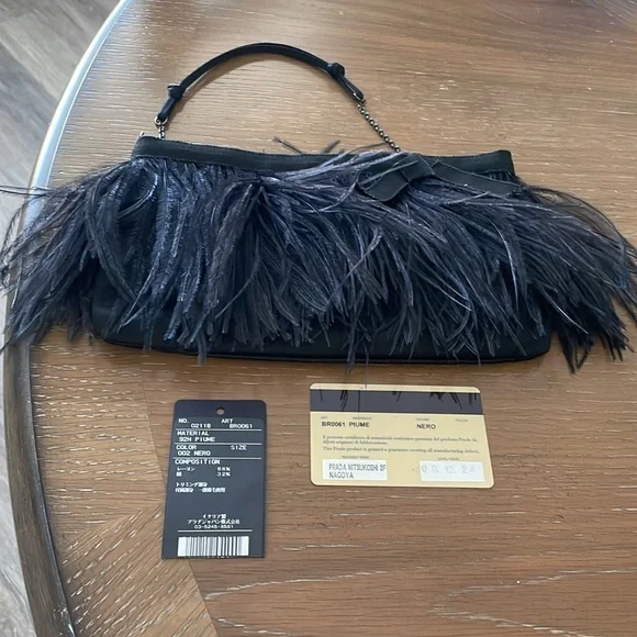 PRADA Piume Feather Satin Black Ostrich bag w/ auth card, rare/collectible - Picture 10 of 12